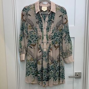 Anthropologie Floral & Leopard Print Long Sleeve Tunic in Blush and Teal